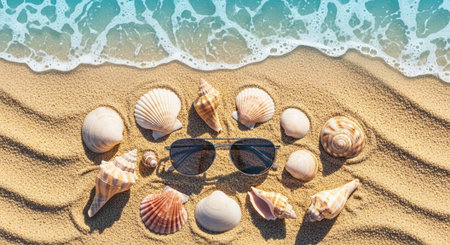 Summer background. Sunglasses and seashells on the beach.