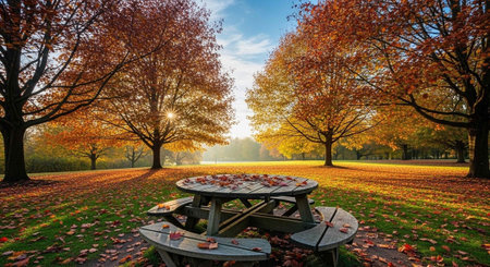 Table and chairs in a beautiful autumn park, with red and yellow leaves
