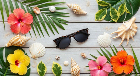 Flat lay summer background with sunglasses, seashells and tropical leaves.
