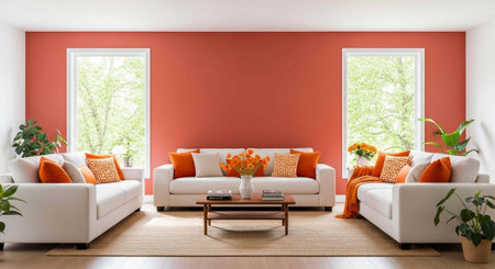 Interior of modern living room with orange wall and white sofa 3d render