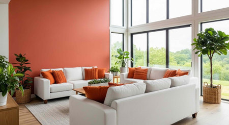 interior modern bright living room with white sofa, view from the window