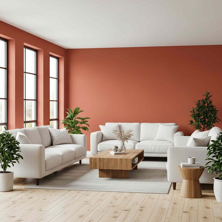 Interior of modern living room with orange walls, wooden floor, comfortable white sofas and coffee table. 3d rendering