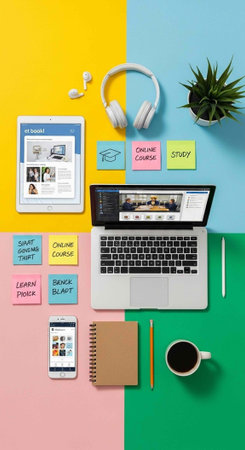 Top view of modern workspace with laptop, tablet pc and mobile phone on colorful background