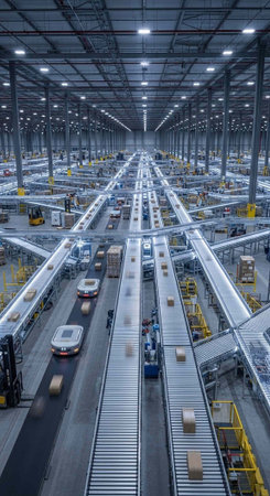 Aerial view of a modern warehouse. Industrial interior. Industrial background