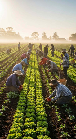 Agriculturist gathering lettuce on the field in the morning
