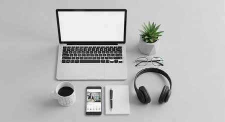 Modern workspace with laptop, smartphone, headphones and coffee cup. 3D rendering.