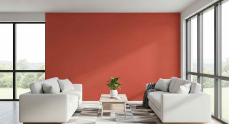 Interior of modern living room with red wall, carpet and sofa
