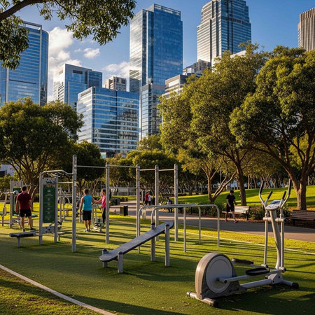 A modern outdoor fitness park in a city with people exercising and tall buildings in the background