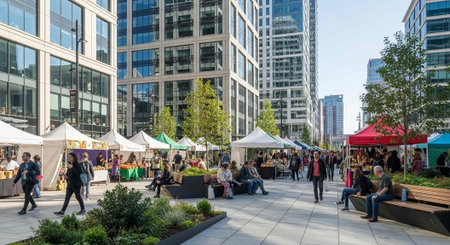 A bustling outdoor market in a modern city square with people shopping and socializing