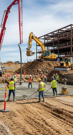 Construction workers in hard hats and vests on a building site with excavators and a cement pump