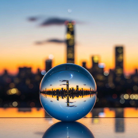 Glass ball with reflection of the city and skyscrapers at sunset