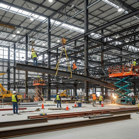 Construction workers are working on the assembly line of an industrial plant.