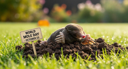 A mole is seen digging in the grass on World Mole Day, October 23rd, in a sunny outdoor setting.