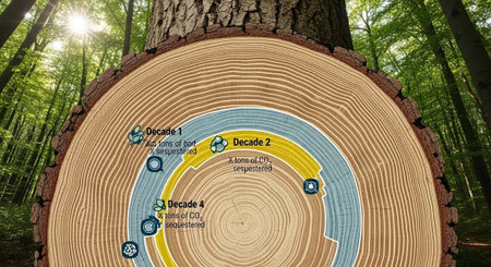 A cross-section of a tree trunk showing its growth rings and carbon sequestration over decades in a forest