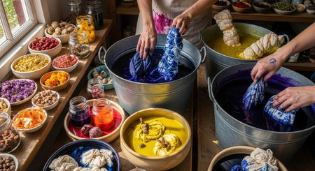 Female hands holding a cloth in a bucket of colored dye for dyeing