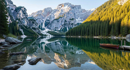 A serene lake surrounded by mountains and trees with a boat floating on the calm water