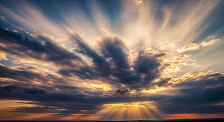 A breathtaking sunset with sun rays shining through clouds in the sky