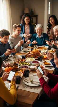 A diverse family gathers around a table filled with food on Thanksgiving Day while using their smartphones