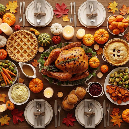 A beautifully set table with a delicious Thanksgiving feast and autumn decorations