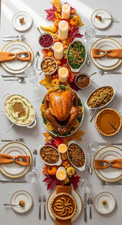A beautifully set table with a delicious Thanksgiving feast and autumn decorations