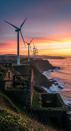 A serene coastal landscape with wind turbines at sunset