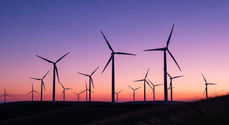 A serene landscape of wind turbines at sunset with a vibrant purple and orange sky