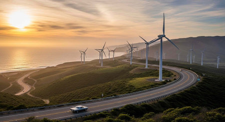 Wind turbines on a hillside at sunset in California, USA.