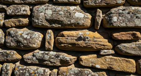 A close-up view of a rustic stone wall with moss and lichen growing on the rocks