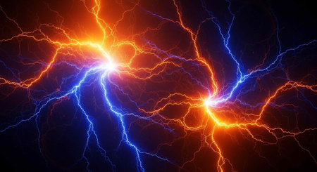 A vibrant display of electric blue and orange lightning bolts illuminating a dark background
