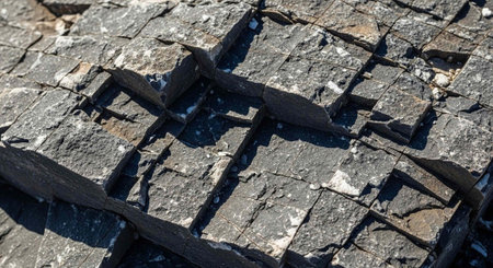 A close-up view of a rugged, cracked stone surface with deep crevices and shadows