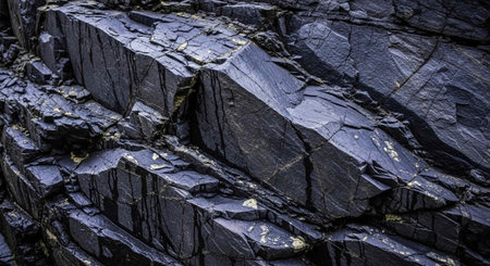 A close-up view of a rugged rocky cliff face with dark grey stone and jagged edges