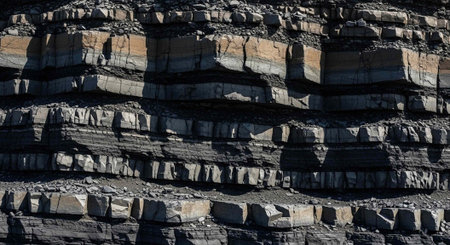 A layered rock formation with shades of gray and brown in a natural landscape