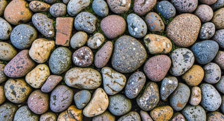 A close-up view of a collection of smooth, colorful rocks and pebbles of various shapes and sizes.