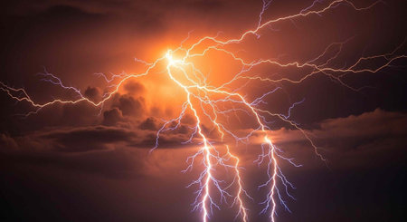 A dramatic display of lightning illuminates the dark and stormy sky with vibrant electric discharges
