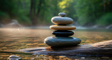 A serene stack of stones on a log in a peaceful forest stream with lush greenery