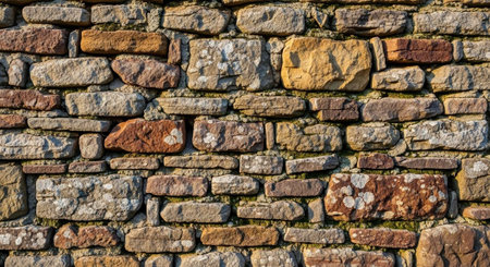 A close-up view of a rustic stone wall with varied textures and earthy tones