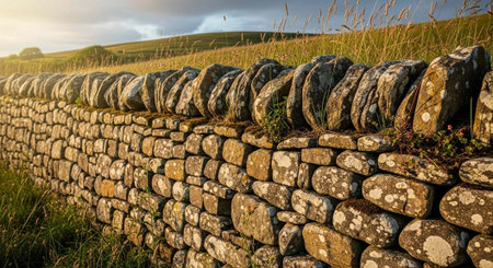 A rustic stone wall stands in a serene landscape with rolling hills and a cloudy sky