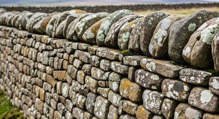 A close-up view of a traditional stone wall with moss and lichen growth in a natural landscape