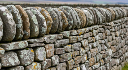 A close-up view of a traditional stone wall with mossy stones and a blurred background