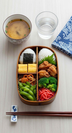 A traditional Japanese bento box meal with soup and water on a table