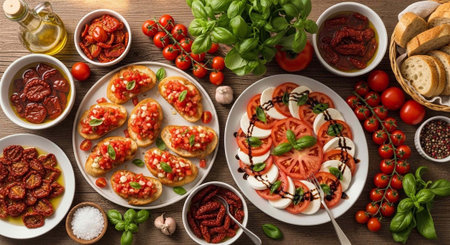 A delicious Italian meal spread featuring various dishes of food on a wooden table