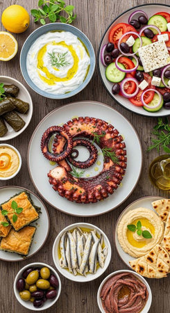 A delicious spread of traditional Greek cuisine on a rustic wooden table