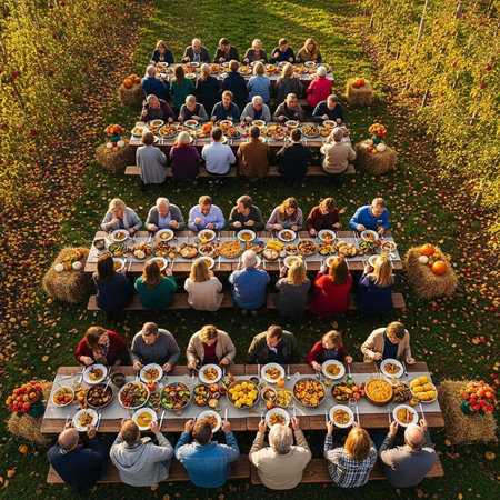 A large group of people gathered around long tables for an outdoor autumn harvest meal together