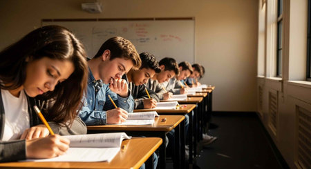 Students taking a test in a classroom with desks and a whiteboard in the background