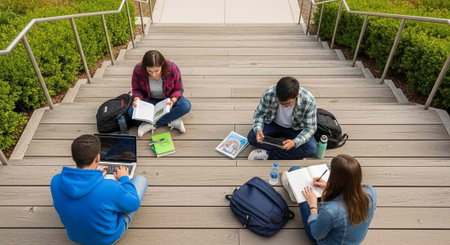Four students sitting on outdoor stairs studying and working on their laptops