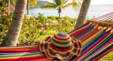A colorful hammock with a vibrant hat on a tropical beach with palm trees and flowers