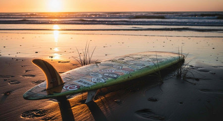 A surfboard lies on the beach at sunset with the ocean in the background.