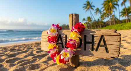 A wooden sign with colorful flowers on a beautiful beach with palm trees and a clear blue sky
