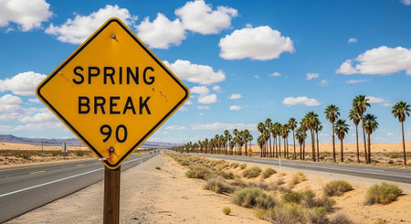 A yellow road sign indicating Spring Break 90 in a desert landscape with palm trees and a blue sky