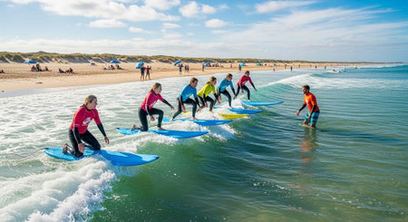 A group of people learning to surf on a sunny beach with blue sky and ocean waves